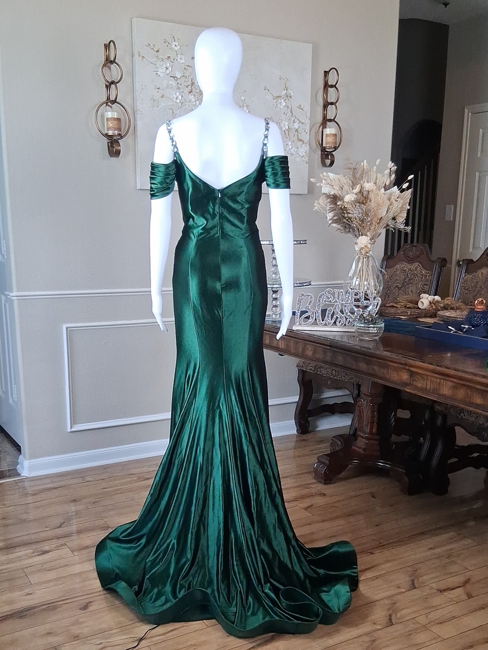 Women's Formal Glam Green Cowl Neck Sweep Train Gown Crystals Straps Small - Picture 6 of 16